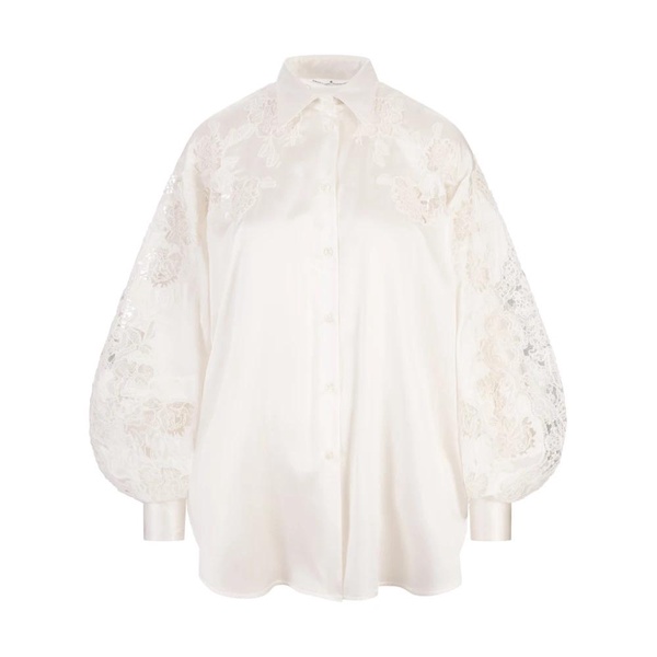 White Silk Blend Puffed Sleeve Shirt