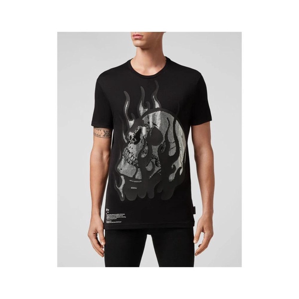 Skull on Fire Black T-Shirt with Rhinestone Decoration