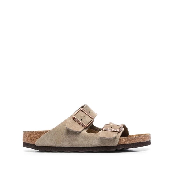 Taupe Suede Double Buckle Slide Sandals