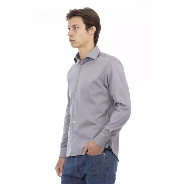 Gray Cotton Slim Shirt with Italian Collar