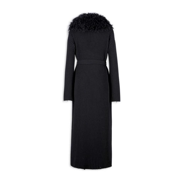 Black Wool Long Coat with Detachable Fur Collar