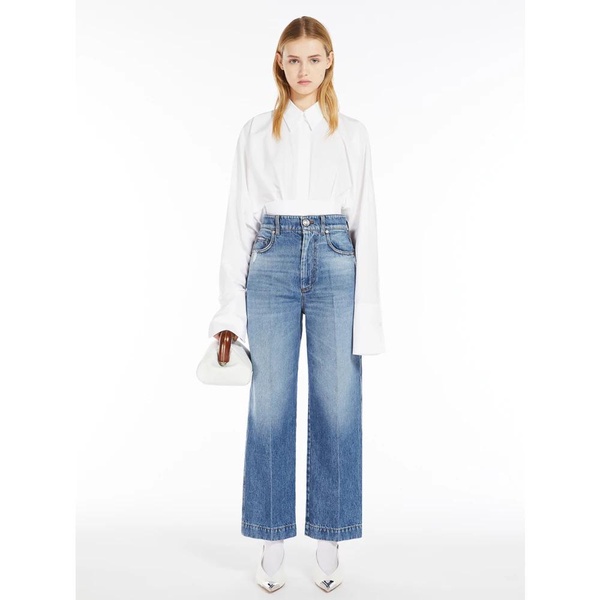 Blue High-Waisted Cropped Denim Trousers