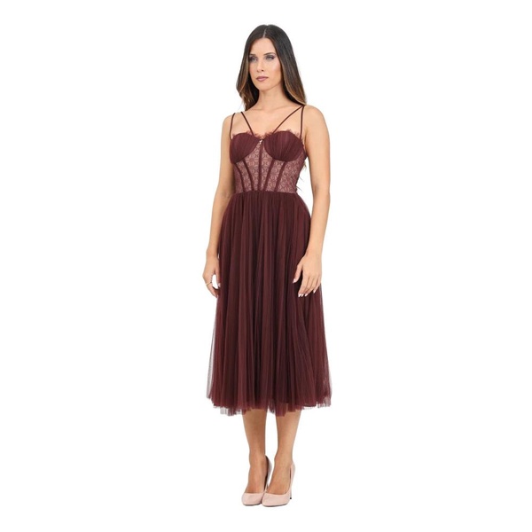 Bordeaux Tulle Midi Dress with Pleated Skirt