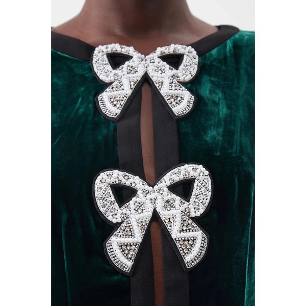 Green Velvet Gown with Crystal Bow Accents