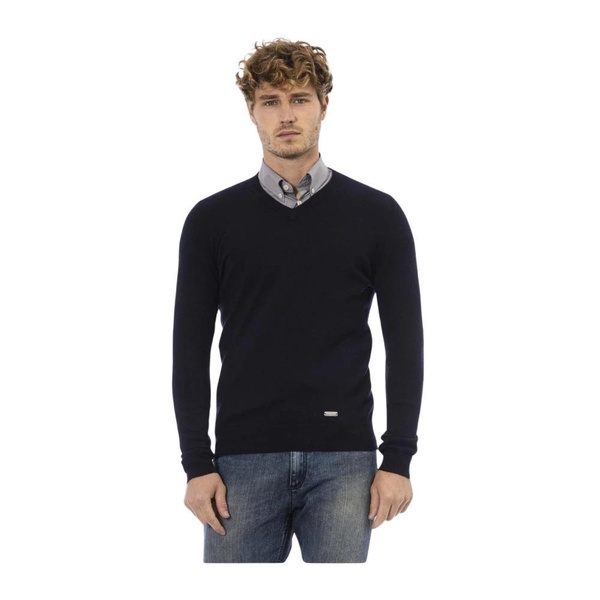 Blue V-neck Wool Sweater Long Sleeves