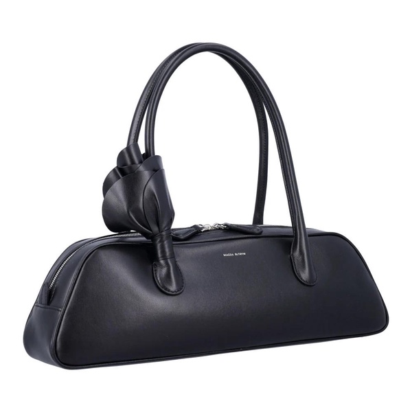 Black Leather Trapeze Handbag with Flower Embellishment