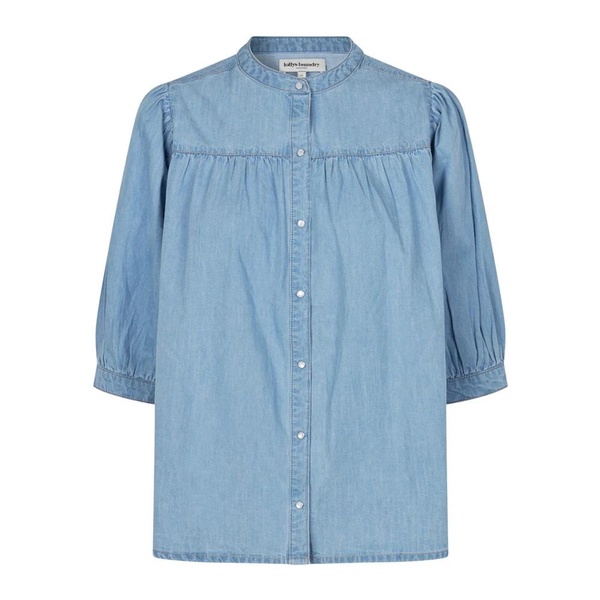 Blue Shirt Blouse with Puff Sleeves