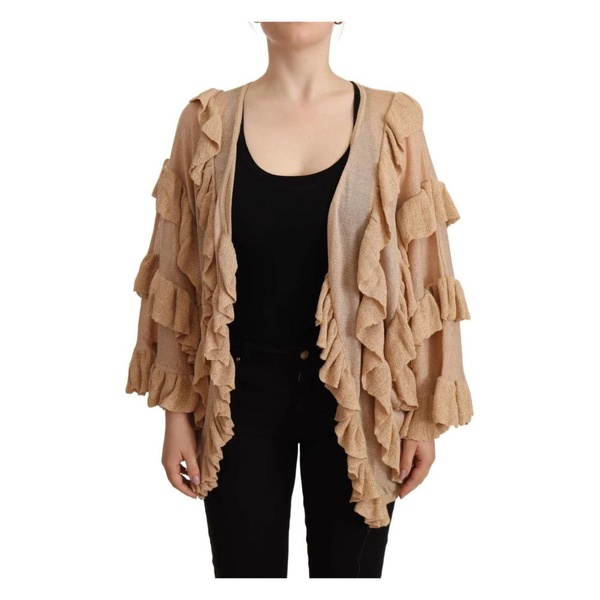 Beige Ruffle Open Front Cardigan Sweater