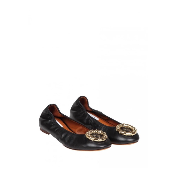 Black Leather Ballet Flats with Gold Buckle