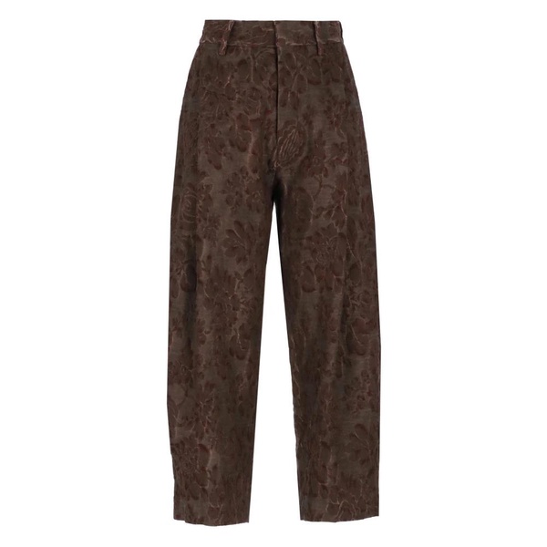 Brown Linen Cotton Floral Embroidered Trousers