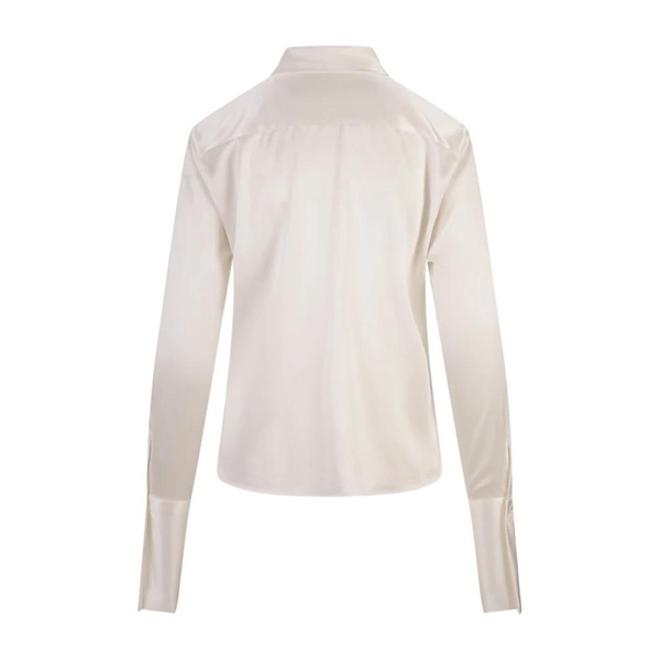 White Silk Satin Shirt with Bow