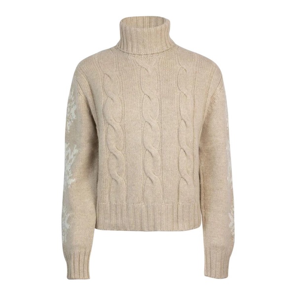 Beige High Neck Jacquard Sweater