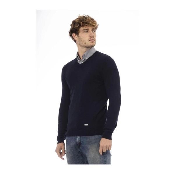 Blue V-neck Wool Sweater Long Sleeves