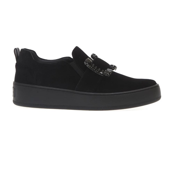 Black Slip-On Moccasins with Rhinestone Buckle