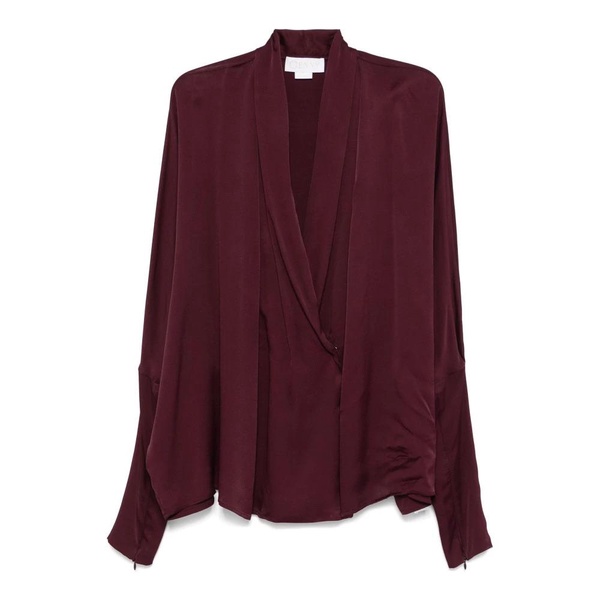 Plum Satin Blouse with V-Neck