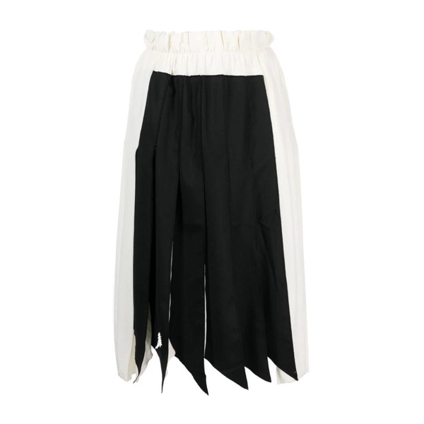 Black/White Silk Cascading-Pleat Midi Skirt