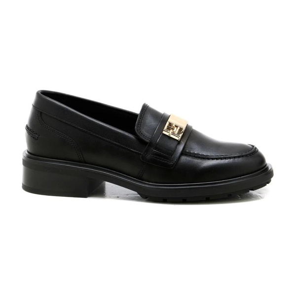 Black Leather Loafer with Gold Logo