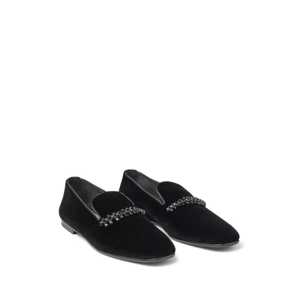 Black Leather Flat Shoes with Crystal Embellishment