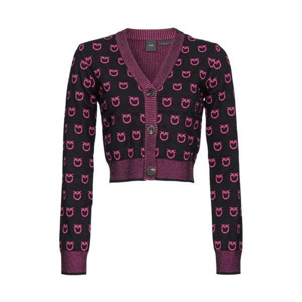 Black Jacquard Wool Blend Cardigan with Love Birds Logo