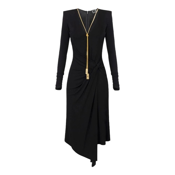 Black Jersey Midi Dress with V-Neck