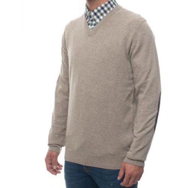 V-Neck Knit with Tartan Fantasy Elbow Patches