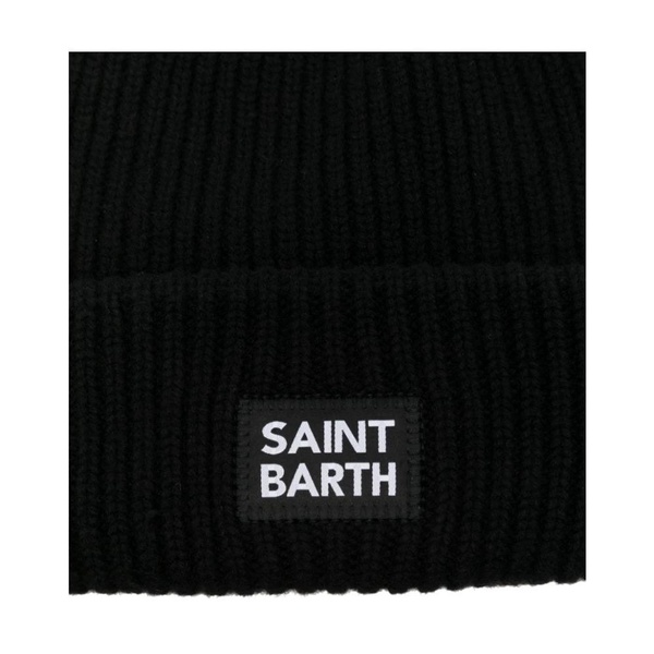 Black Ribbed Wool Beanie with Logo