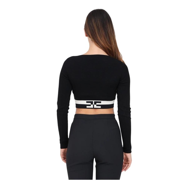 Black V-Neck Cropped Top with Long Sleeves