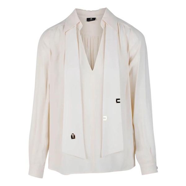 Elegant Cream Blouse with V-Neck and Collar Details