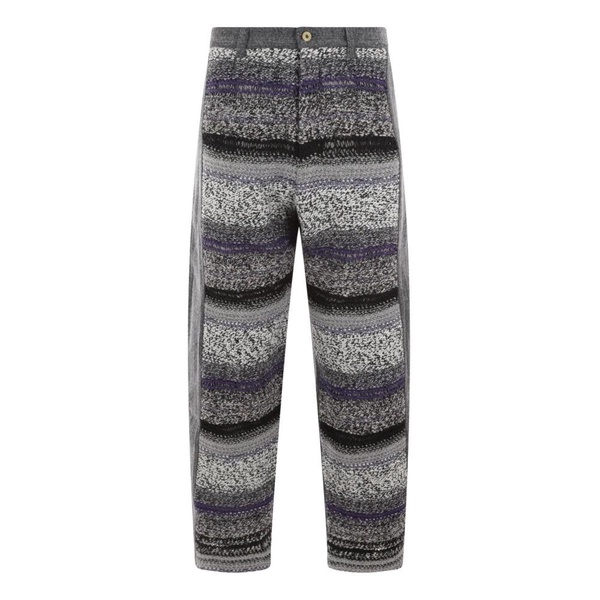 Grey Loose-Fit Denim Trousers with Multicolored Striped Front Inserts