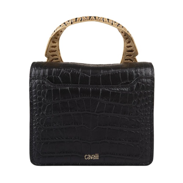 Black Snake-Embossed Leather Shoulder Bag with Crystal-Embellished Tiger Handle