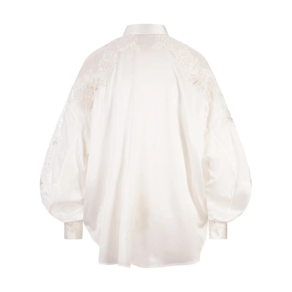 White Silk Blend Puffed Sleeve Shirt