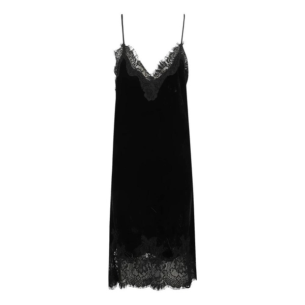 Black Lace Trim Velvet Slip Dress