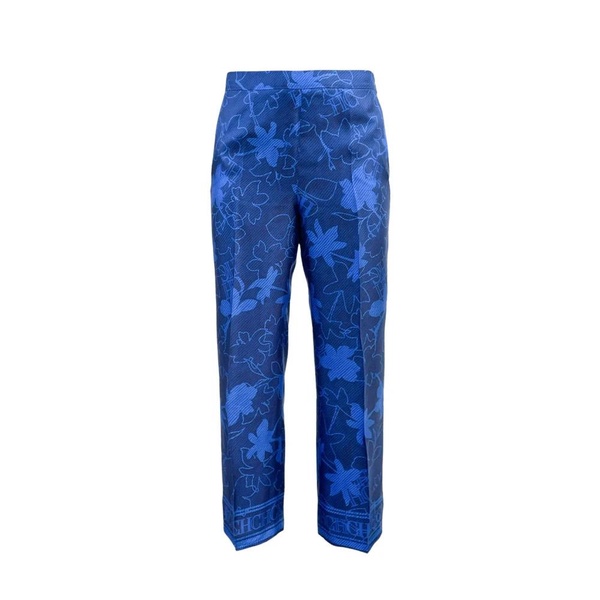 Floral Silk Straight Pants Blue