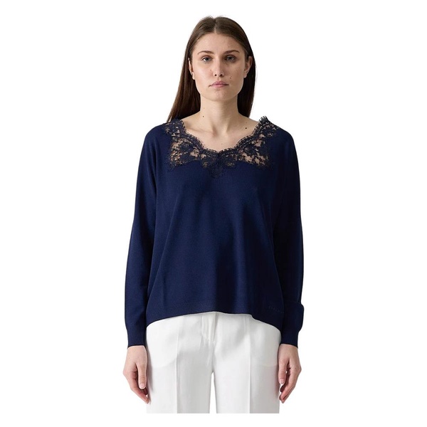 Navy Blue Lace Trim V-Neck Top