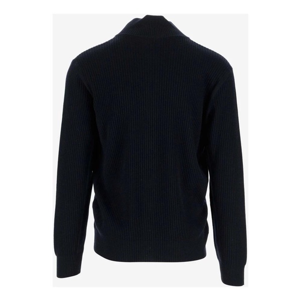 Navy Virgin Wool Cardigan with High Collar