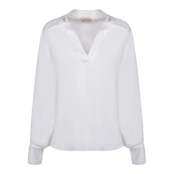 White Silk Blend V-Neck Blouse