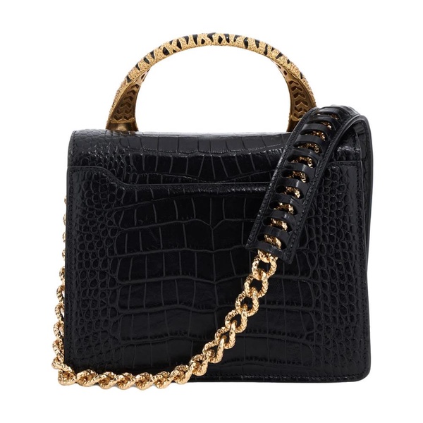 Black Snake-Embossed Leather Shoulder Bag