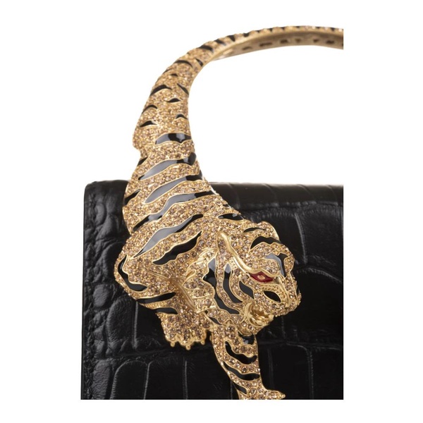 Small Roar Shoulder Bag in Black Snake-Embossed Leather