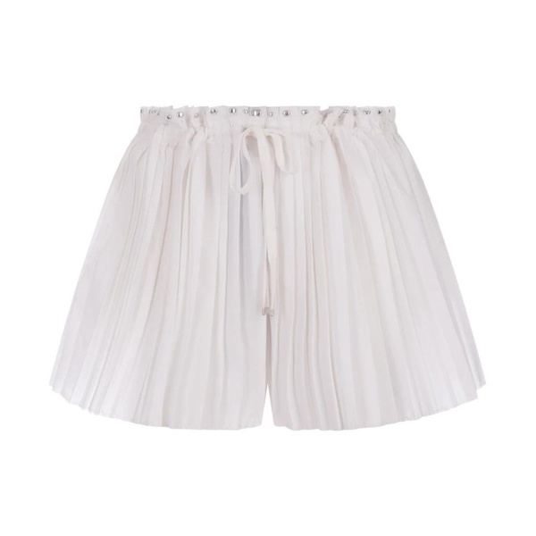 White Pleated Drawstring Shorts with Studs