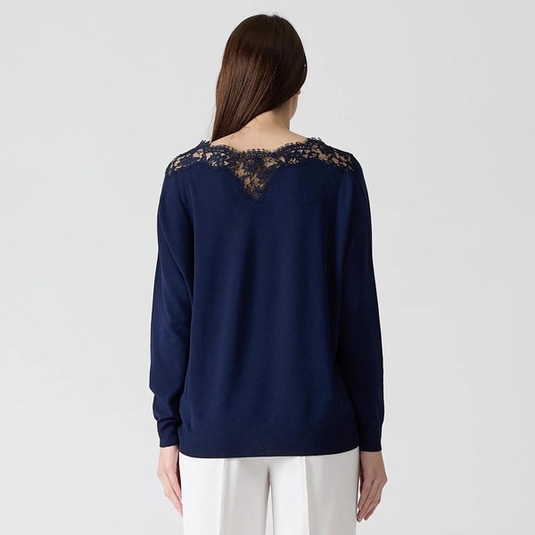 Navy Blue Lace Trim V-Neck Top