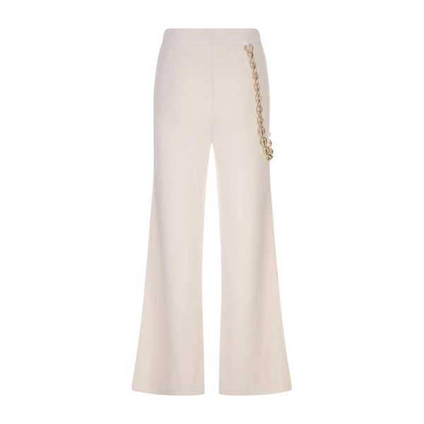 White Wide-Leg Trousers with Gold-Finish Chain Belt