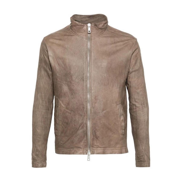 Beige Leather Jacket with High Collar and Multiple Pockets