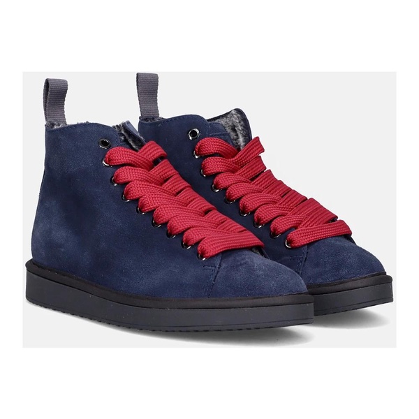 Blue Suede Ankle Boot with Red Laces