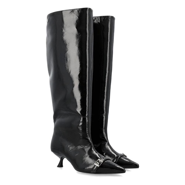 GANNI Black Leather High Shaft Boot with Eyelet Details