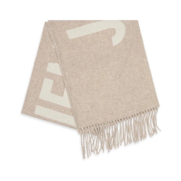 Beige Fringe Logo Wool Scarf