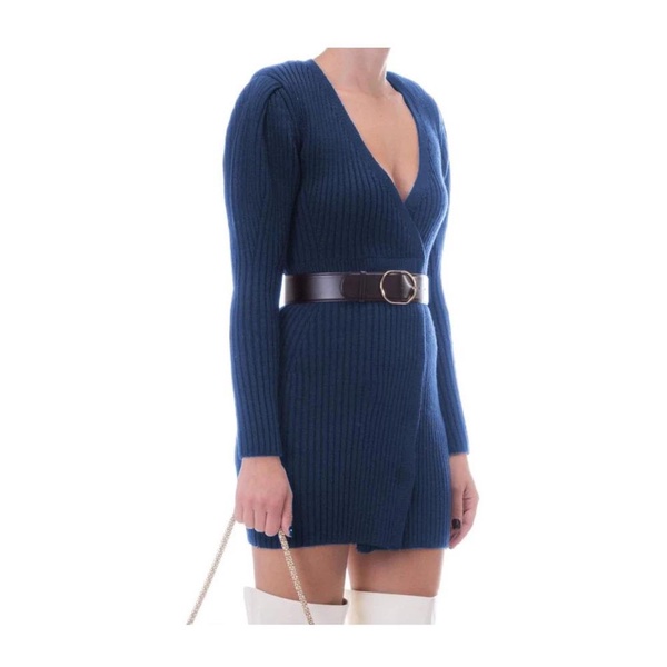 Blue Wool Knit Dress with Belt