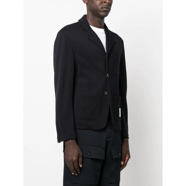 Navy Blue Wool Knit Jacket with Classic Lapel and Button Closure