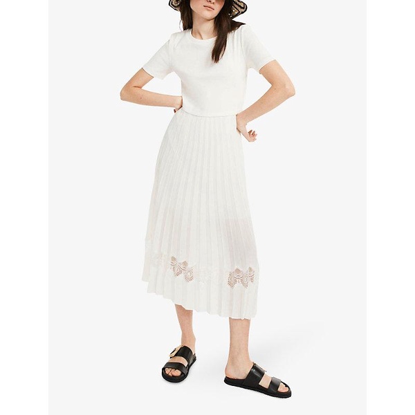 Lace-insert pleated cotton midi dress