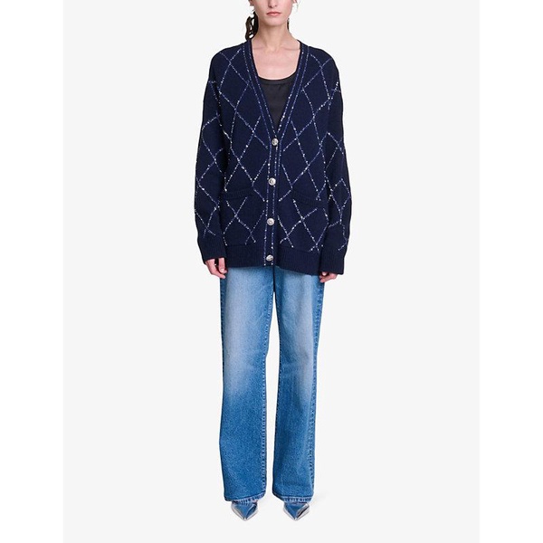 Sequin-embellishment longline wool-blend knitted cardigan