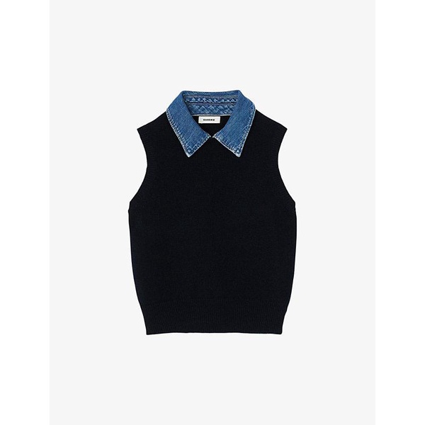 Denim-collar sleeveless wool-blend jumper